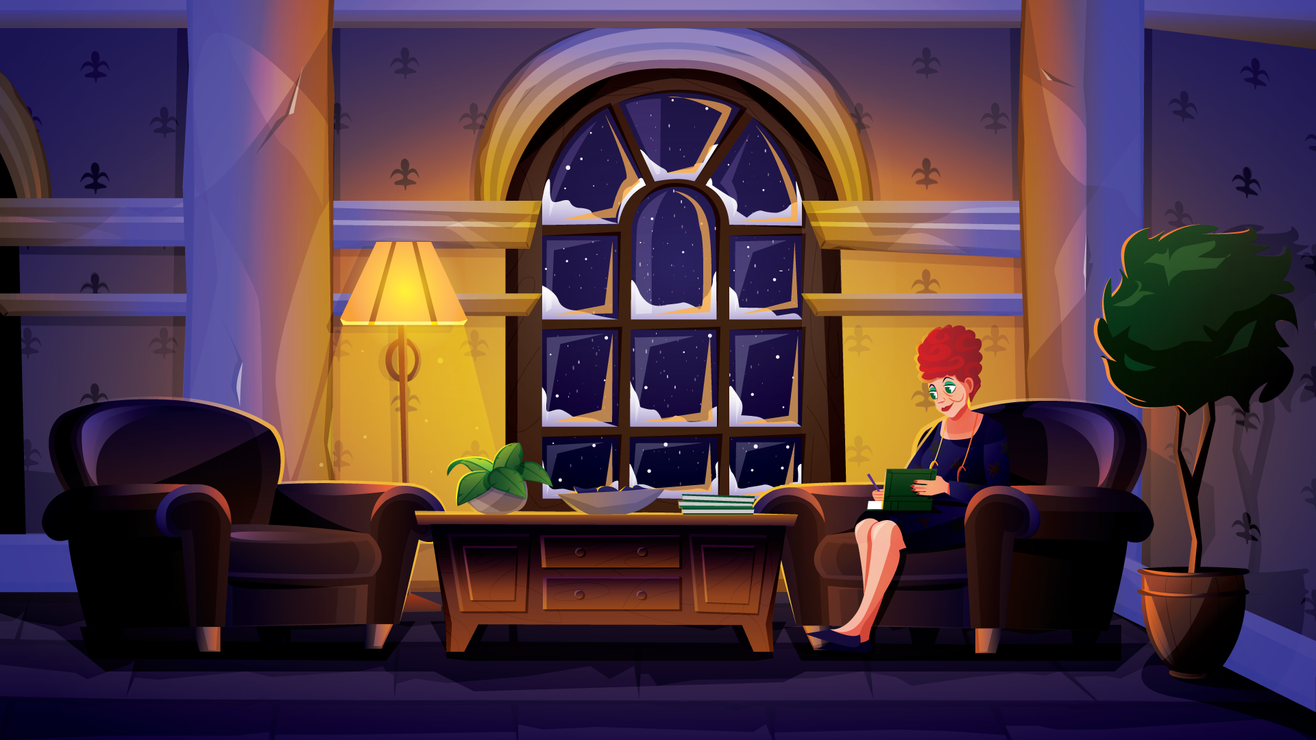 a stylized painting of a woman reading a book in a castle sitting room